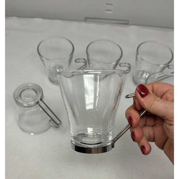 6 Vintage BORMIOLI VITROSAX ITALY Cappuccino Glass Mugs with Stainless Handles - Picture 6 of 6